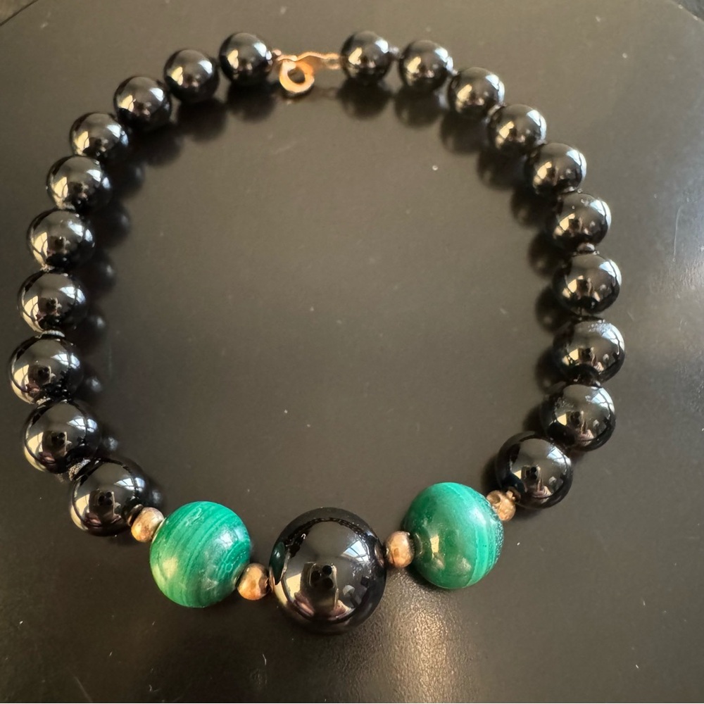 14K Gold Onyx & Malachite Beaded Bracelet – 6.5”